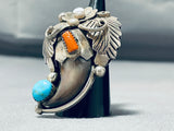 Powerful Huge Native American Navajo Turquoise Coral Sterling Silver Mens Ring-Nativo Arts