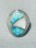 Heavy Vintage Native American Navajo Pilot Mountain Turquoise & Mop Sterling Silver Ring-Nativo Arts