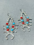 Native American Dynamic Turquoise & Coral Squash Blossom Dangle Earrings-Nativo Arts