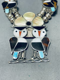149 Grams 1970's Owl Vintage Native American Zuni Inlay Sterling Silver Squash Blossom Necklace-Nativo Arts