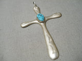 Superior Vintage Native American Navajo Hand Tooled Sterling Silver Turquoise Cross Pendant-Nativo Arts