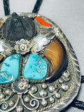 Massive Hand Carved Black Bear Vintage Native American Navajo Turquoise Sterling Silver Bolo Tie-Nativo Arts
