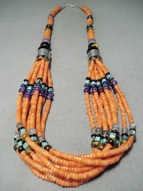 Rare Singer Orange Coral Native American Navajo Turquoise Sterling Silver Necklace-Nativo Arts