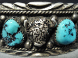 Detailed Buffalo Vintage Native American Navajo Turquoise Sterling Silver Bracelet-Nativo Arts