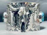 Native American Tremendous San Felipe Signed 2 Godber Turquoise Sterling Silver Skull Bracelet-Nativo Arts