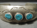 Incredible Vintage Native American Navajo 3 Turquoise Sterling Silver Bracelet Old Cuff-Nativo Arts