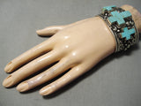 Important Native American Navajo Turquoise Christian Cross Sterling Silver Bracelet Heavy-Nativo Arts