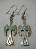 Long Rare Vintage Native American Zuni Green Turquoise Sterling Silver Native Americsn Earrings-Nativo Arts