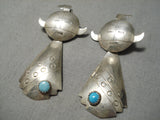 Detailed Vintage Native American Navajo Hand Wrouhg Tsterling Silver Turquoise Earrings-Nativo Arts