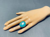 Impressive Native American Navajo Signed Kingman Turquoise Large Sterling Silver Ring-Nativo Arts