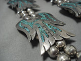 290 Gram Vintage Native American Navajo Sterling Silver Bird Turquoise Squash Blossom Necklace-Nativo Arts