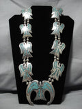 290 Gram Vintage Native American Navajo Sterling Silver Bird Turquoise Squash Blossom Necklace-Nativo Arts