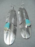 Longest 4' Long Native American Navajo Royston Turquoise Sterling Silver Feather Earrings-Nativo Arts