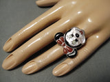 Important Zuni Native American Minney Mouse Coral Sterling Silver Ring-Nativo Arts