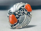 Tommy Nez Native American Navajo Coral Chunk Sterling Silver Leaf Ring-Nativo Arts