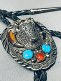 Strong Vintage Native American Navajo Turquoise Bison Sterling Silver Bolo Tie-Nativo Arts