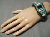 One Of The Best Vintage Native American Navajo Turquoise Sterling Silver Inlay Bracelet Old-Nativo Arts