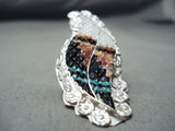 Exquisite Native American Zuni Textured Inlay Turquoise Coral Jet Sterling Silver Ring-Nativo Arts