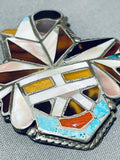 One Of The Most Unique Ever Vintage Native American Zuni Turquoise Inlay Sterling Silver Pin Old-Nativo Arts