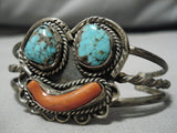 Magnificent Vintage Native American Navajo Turquoise Coral Sterling Silver Bracelet Old-Nativo Arts