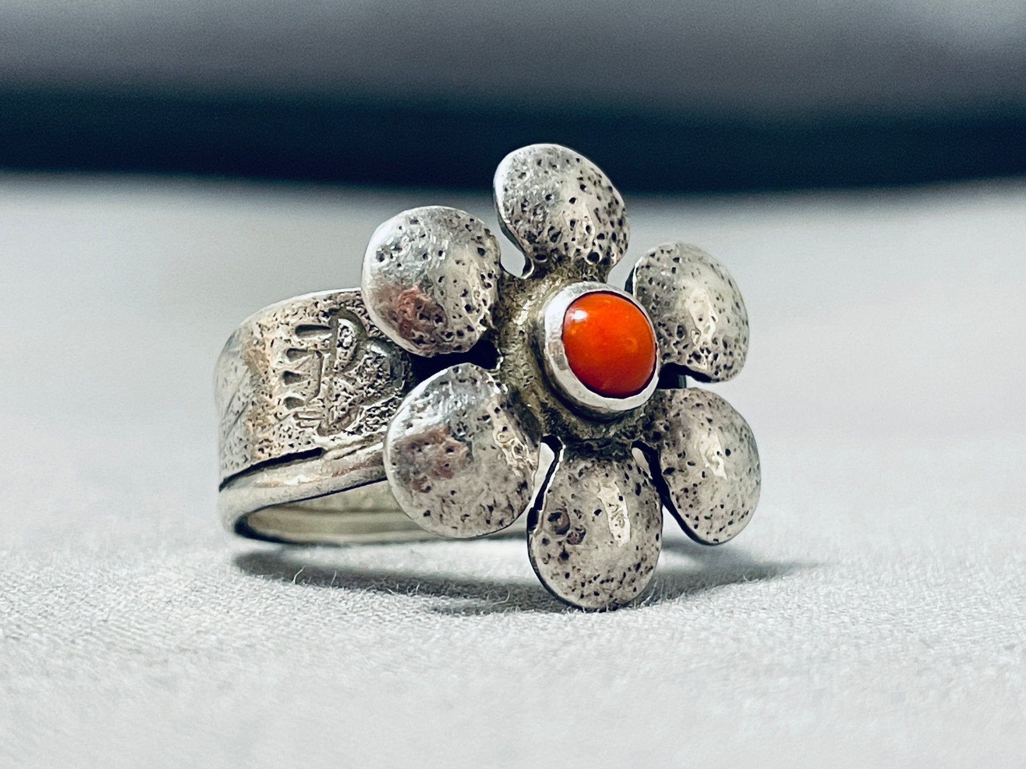 Signed Native American Navajo Coral Sterling Silver Flower Ring