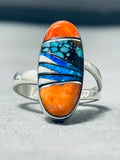 Vibrant Native American Navajo Turquoise Spiny Opal Inlay Sterling Silver Large Ring-Nativo Arts