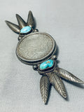 Astounding Vintage Native American Navajo Turquoise & Silver Dollar Sterling Silver Pin-Nativo Arts