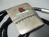 Important Vintage Native American Navajo Turquoise Dinosaur Fossil Sterling Silver Bolo Tie-Nativo Arts
