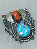 Superb Vintage Native American Navajo Kingman Turquoise Coral Sterling Silver Large Pin Pendant-Nativo Arts