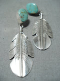 Signed Native American Navajo Royston Turquoise Sterling Silver Feather Earrings-Nativo Arts