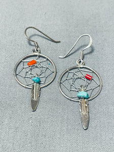 Unique Native American Navajo Turquoise Coral Sterling Silver Dream Catcher Earrings-Nativo Arts