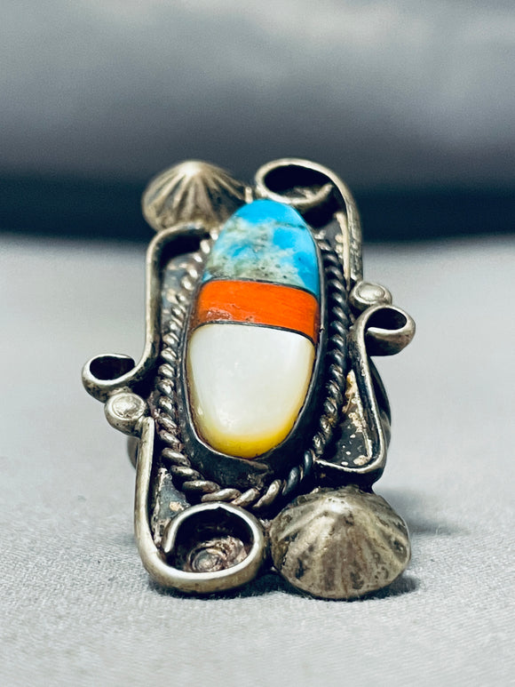 Signed Vintage Native American Navajo Turquoise Coral Mother Of Pearl Sterling Silver Ring-Nativo Arts