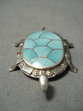 Unique Vintage Native American Zuni Turquoise Inlay Sterling Silver Turtle Pin Pendant-Nativo Arts