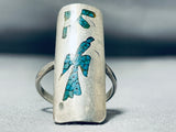 Unique Vintage Native American Navajo Turquoise Chip Inlay Waterbird Sterling Silver Ring-Nativo Arts
