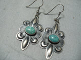 Hand Repoussed Vintage Native American Navajo Sterling Silver Green Turquoise Earrings-Nativo Arts