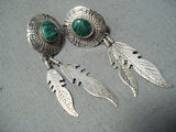 Amazing Vintage Native American Navajo Malachite Sterling Silver Feather Earrings-Nativo Arts