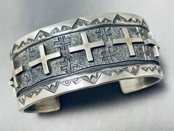 116 Grams Native American Navajo Sterling Silver Cross Bracelet Signed-Nativo Arts
