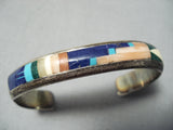 Native American Detailed Vintage Navajo Turquoise Lapis Sterling Silver Inlay Bracelet-Nativo Arts
