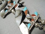 Native American Opulent Vintage Navajo Turquoise Inlay Sterling Silver Squash Blossom Necklace-Nativo Arts