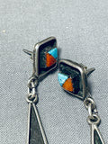 Unforgettable Vintage Native American Navajo Turquoise & Coral Sterling Silver Dangle Earrings-Nativo Arts