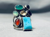 Dramatic Vintage Native American Navajo Blue Gem Turquoise & Multi Stone Sterling Silver Ring-Nativo Arts
