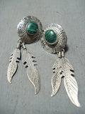 Amazing Vintage Native American Navajo Malachite Sterling Silver Feather Earrings-Nativo Arts