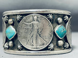 Signed San Felipe Royston Turquoise Sterling Silver Coin Bracelet-Nativo Arts