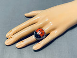 Marvelous Native American Navajo Coral Jet Ladybug Sterling Silver Ben Begaye Ring-Nativo Arts