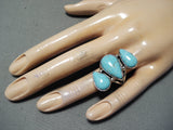 Huge Signed Navajo Native American 3 Blue Gem Turquoise Sterling Silver Ring-Nativo Arts