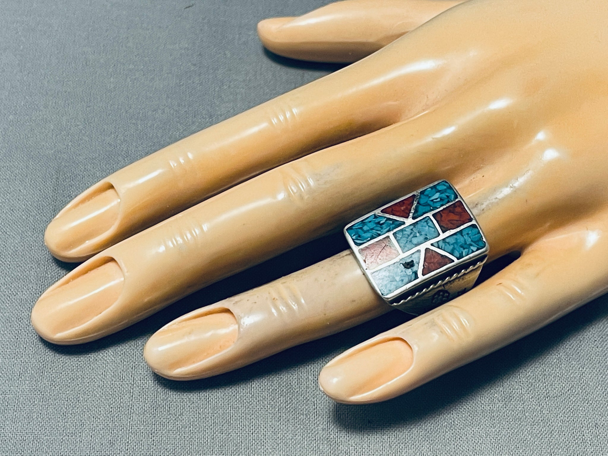 Order Native American ring: Inlay turquoise, coral, mother of pearl, handmade, mounted in sterling silver, in size 8. Native 4070 C