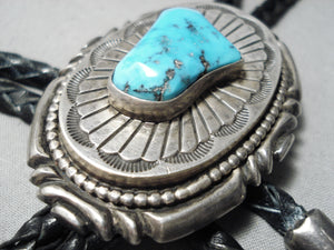 Important Vintage Native American Navajo Wilson Begay Turquoise Sterling Silver Bolo Tie Old-Nativo Arts