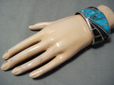 One Of The Best Vintage Native American Navajo Turquoise Inlay Sterling Silver Bracelet Huge-Nativo Arts