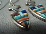 Detailed Intricate Vintage Navajo Native American Zuni Turquoise Sterling Silver Earrings-Nativo Arts