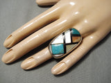 Quality Vintage Native American Navajo Cherckerboard Turquoise Sterling Silver Ring-Nativo Arts